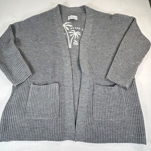 Beach People Gray Ribbed Knit Open Front Cardigan Palm Tree Back Graphic XL/2XL